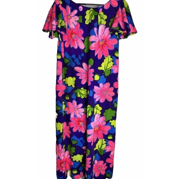 Authentic Vintage Hawaiian Dress 60’s 70’s Psychedelic Maxi Tropical Barkcloth M - Picture 2 of 12